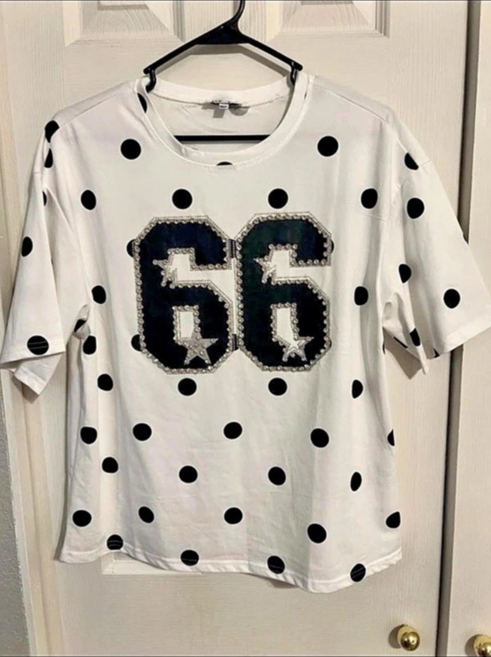 Top Chic Polka Dot Embellished Tee in White & Black Like New